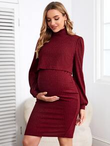 SHEIN Maternity High Neck Lantern Sleeve Crop Tee & Split Back Dress - Burgundy - View 5