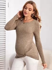 SHEIN 孕婦雜色針織扭結下擺T恤 - 摩卡棕 - 查看 1