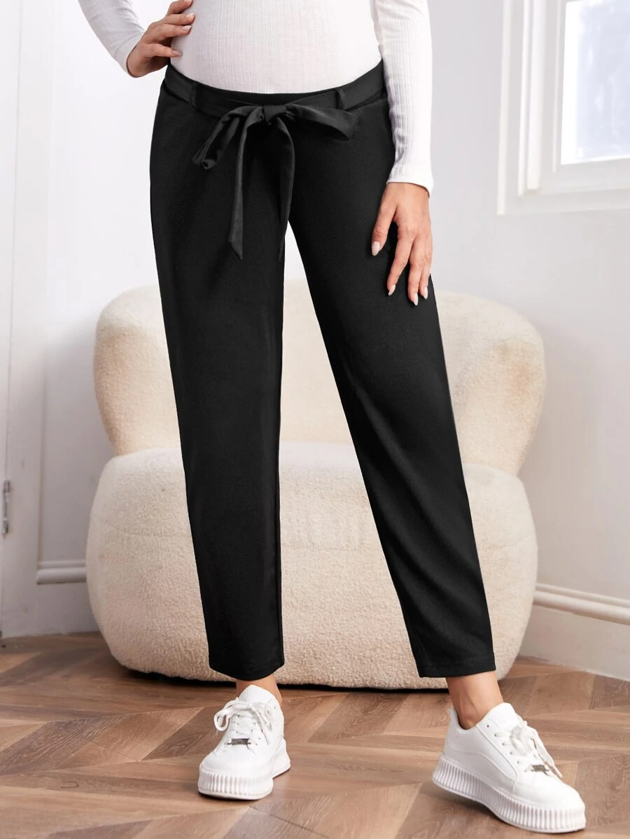 SHEIN Maternity Solid Belted Trousers - Black - View 1