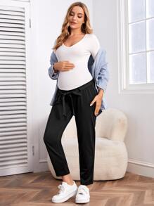 SHEIN Maternity Solid Belted Trousers - Black - View 4