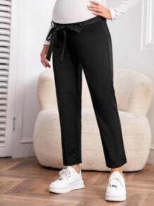 SHEIN Maternity Solid Belted Trousers - Black - View 5