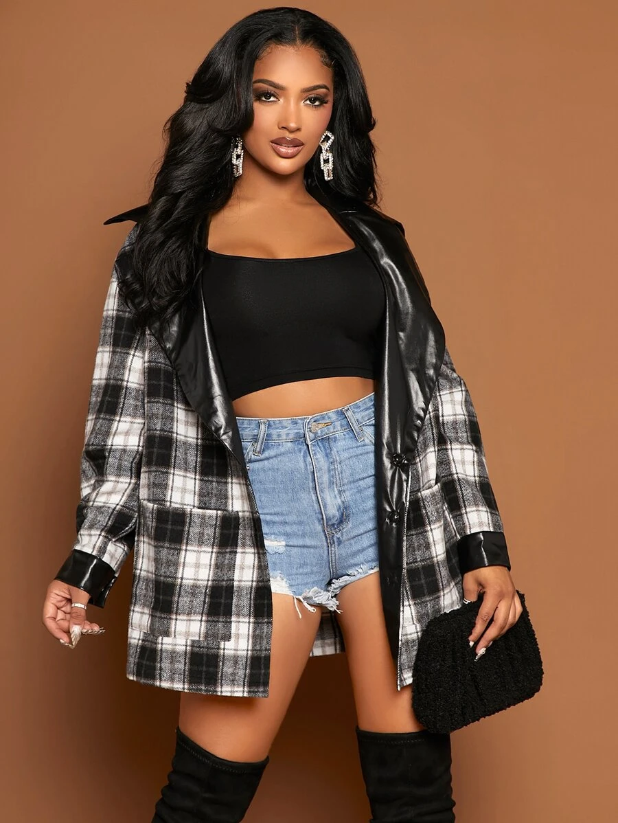 SHEIN SXY Áo khoác ngoài nữ Túi Nút phía trước Sọc ca rô Giải trí - Đen và trắng - Xem 1