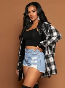 SHEIN SXY Áo khoác ngoài nữ Túi Nút phía trước Sọc ca rô Giải trí - Đen và trắng - Xem 2