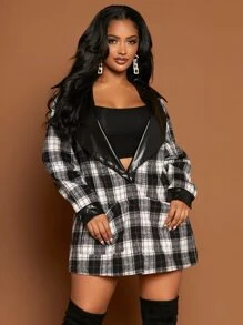 SHEIN SXY Áo khoác ngoài nữ Túi Nút phía trước Sọc ca rô Giải trí - Đen và trắng - Xem 5