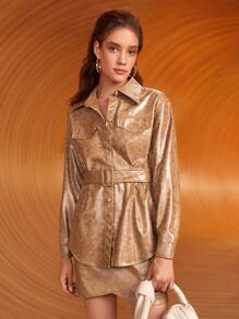 SHEIN Crocodile Pattern Flap Detail Belted PU Leather Coat - Camel - View 1
