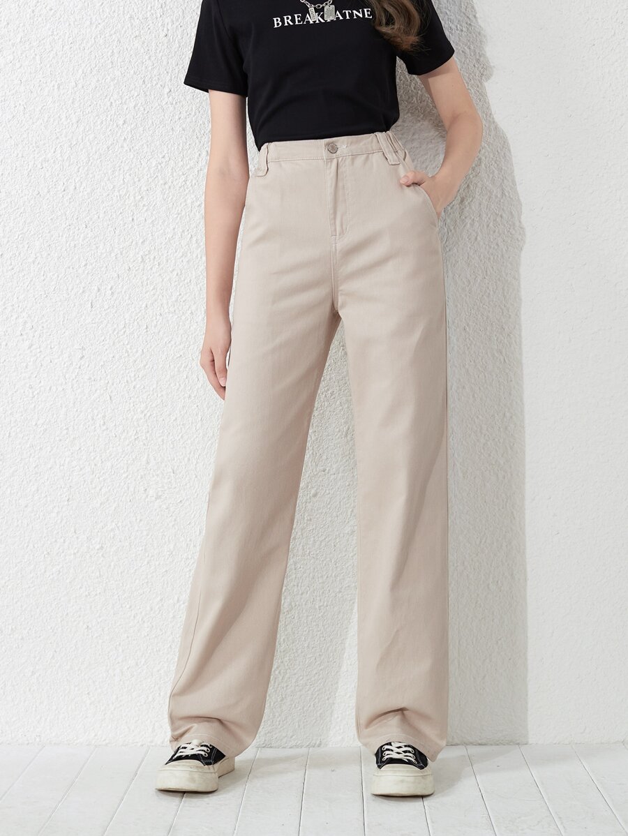 Girls' New Casual Versatile Khaki Washed Straight Leg Jeans - Beige - View 1