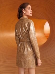 SHEIN Crocodile Pattern Flap Detail Belted PU Leather Coat - Camel - View 3