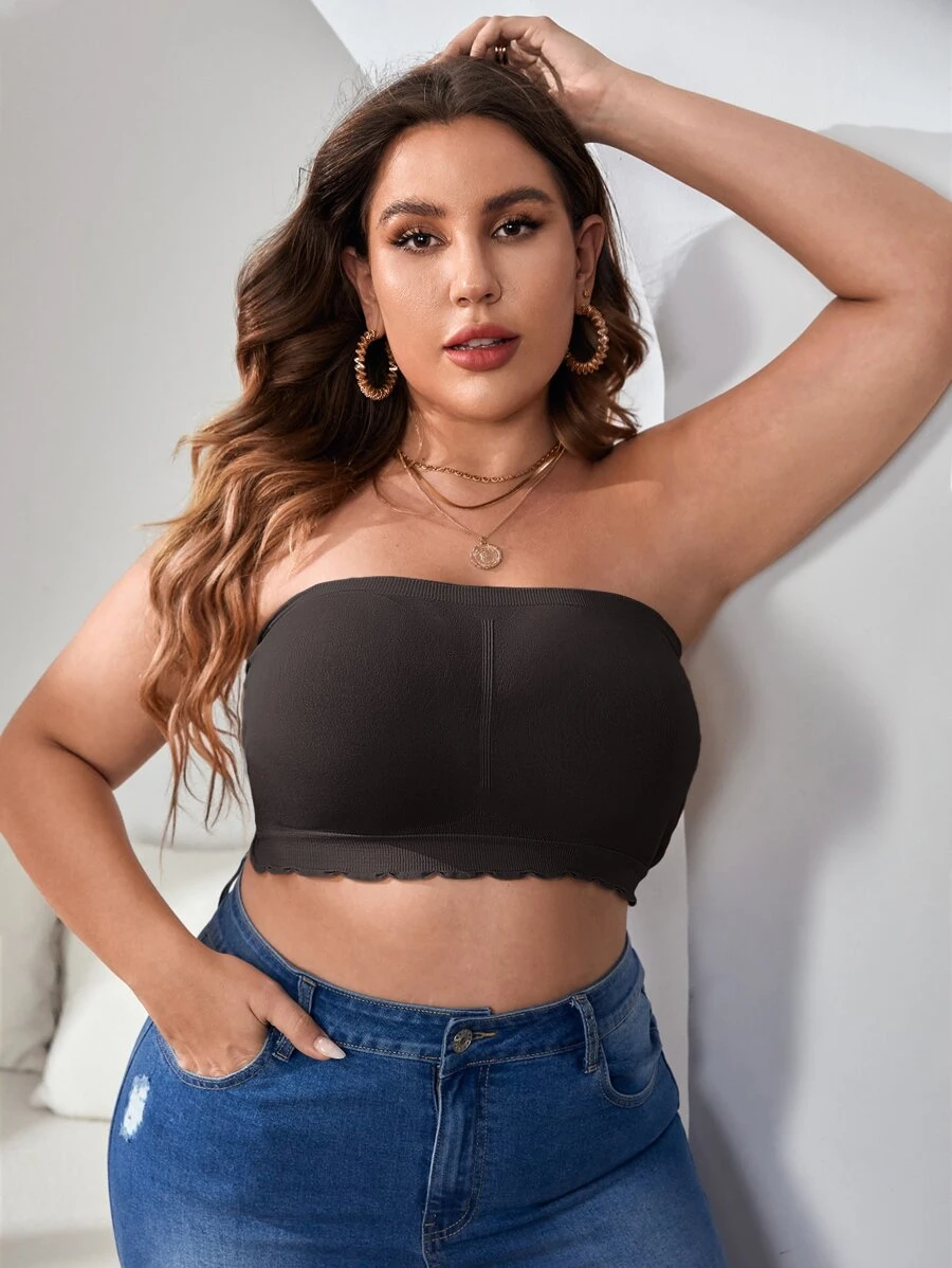 Plus Scallop Trim Tube Bralet - Chocolate Brown - View 1