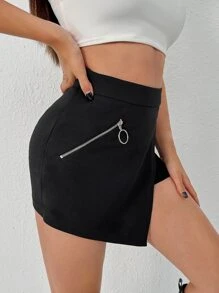 SHEIN Zipper Detail Wrap Asymmetrical Hem Skort