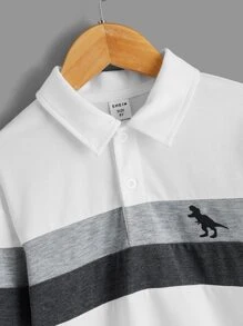 SHEIN Boys Dinosaur Print Colourblock Polo Shirt - White - View 3