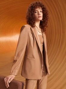 SHEIN 西裝領腰帶PU皮革西裝外套