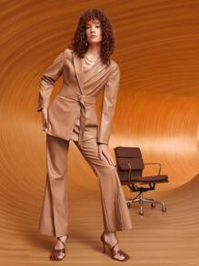 SHEIN 西裝領腰帶PU皮革西裝外套