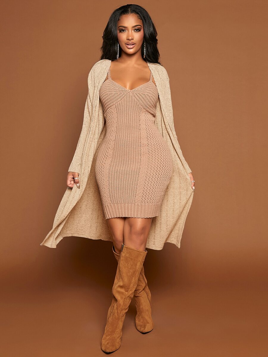 SHEIN SXY Solid Batwing Sleeve Open Front Coat - Apricot - View 1