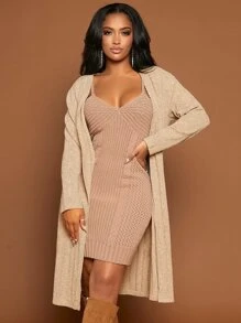 SHEIN SXY Solid Batwing Sleeve Open Front Coat - Apricot - View 4