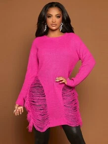 SHEIN SXY Ripped Drop Shoulder Asymmetrical Hem Distressed Jumper Dress - Hot Pink - View 2