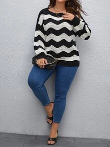 SHEIN Unity Plus Wave Pattern Pointelle Knit Drop Shoulder Jumper - Black and White - View 4