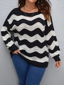 SHEIN Unity Plus Wave Pattern Pointelle Knit Drop Shoulder Jumper - Black and White - View 1