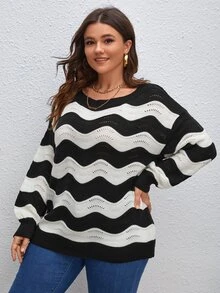 SHEIN Unity Plus Wave Pattern Pointelle Knit Drop Shoulder Jumper - Black and White - View 5
