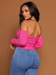 SHEIN SXY Off Shoulder Cable Knit Crop Sweater - Hot Pink - View 3