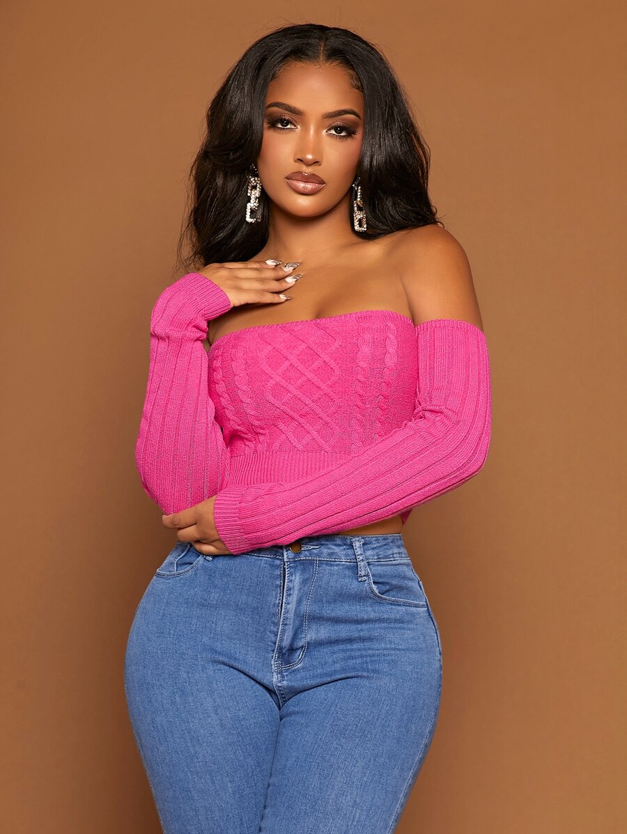 SHEIN SXY Off Shoulder Cable Knit Crop Sweater - Hot Pink - View 1