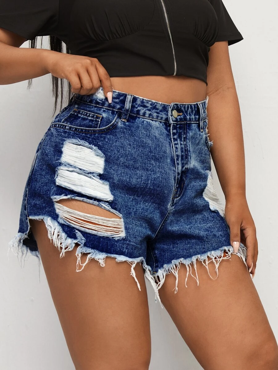 SHEIN ICON Plus Ripped Raw Cut Denim Shorts - Dark Wash - View 1