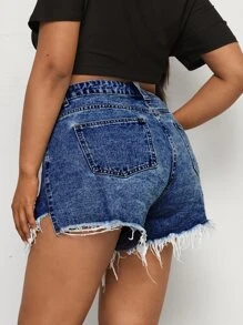 SHEIN ICON Plus Ripped Raw Cut Denim Shorts - Dark Wash - View 2