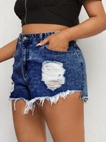 SHEIN ICON Plus Ripped Raw Cut Denim Shorts - Dark Wash - View 3
