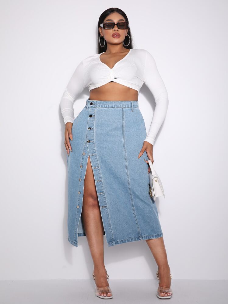 SHEIN SXY váy ngắn denim kích thước lớn Nút phía trước màu trơn - Rửa nhẹ - Xem 1