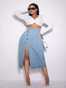 SHEIN SXY Plus Button Front Denim Skirt