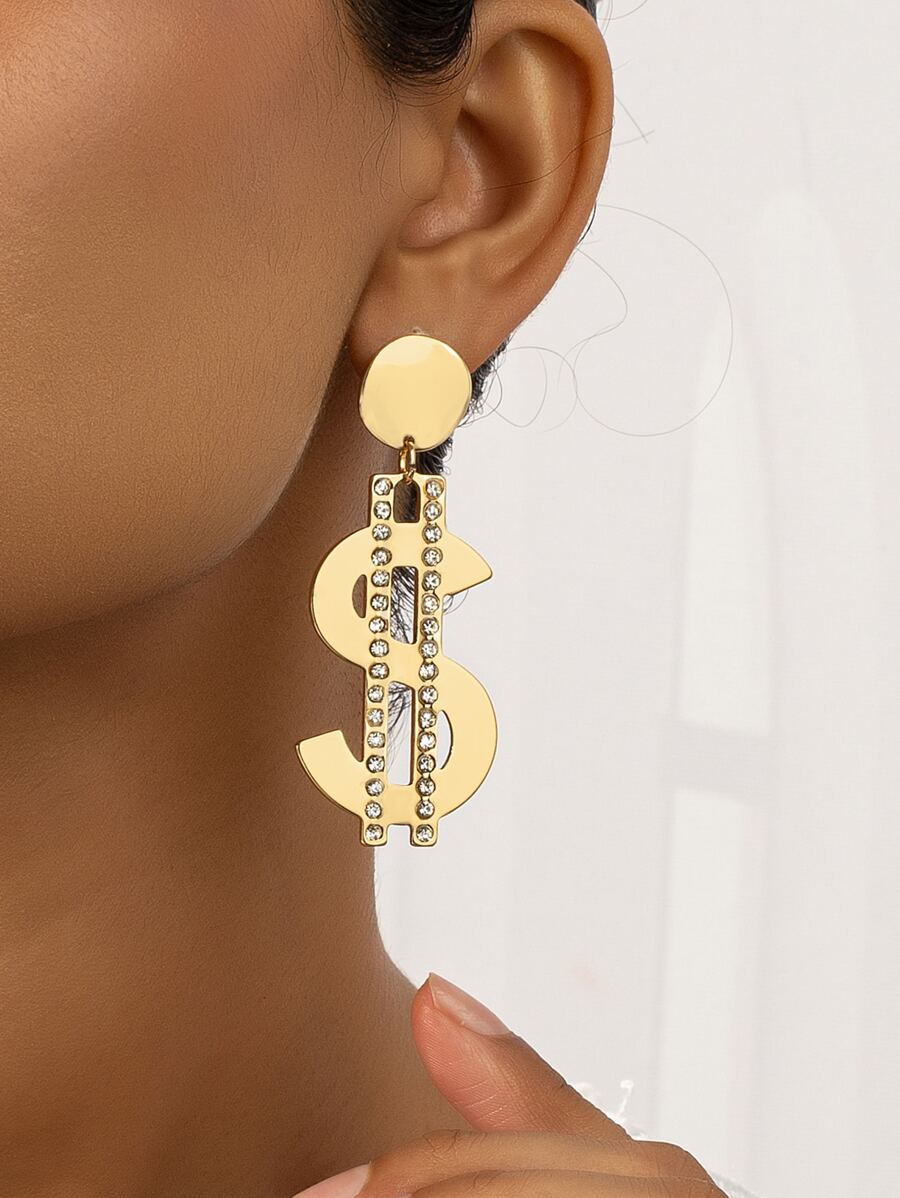 Rhinestone & Dollar Sign Decor Drop Earrings - Vàng - Xem 1