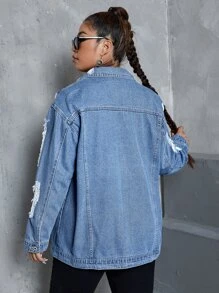 SHEIN EZwear Cazadora mezclilla desgarro de hombros caídos - Azul lavado medio - Ver 2