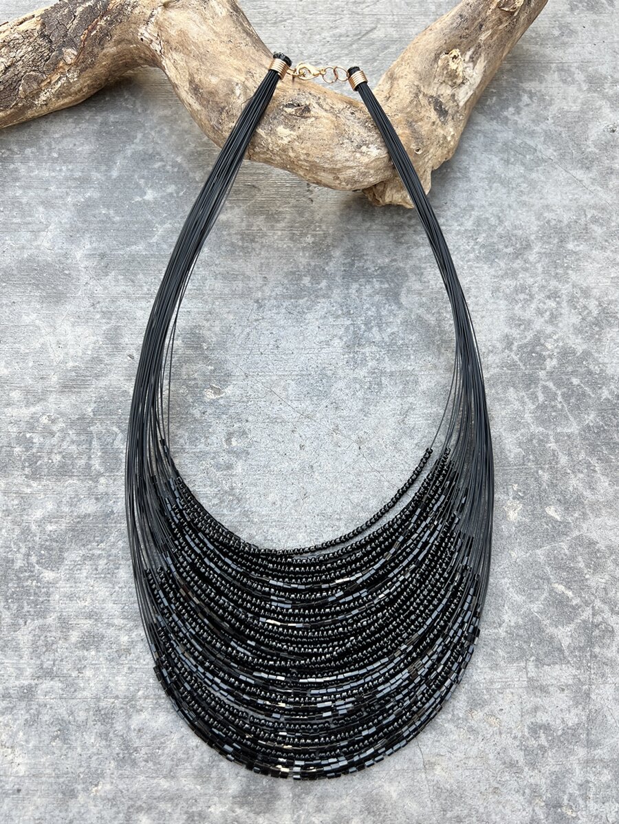 極簡風格串珠多層次項鍊 - 黑色 - 查看 1