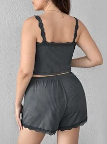 Bộ Giản Dị Kích Thước Lớn Tương phản ren màu trơn Giải trí - Màu xám đen - Xem 2