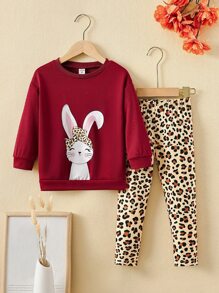 Toddler Girls Rabbit Print Pullover & Leopard Leggings - Multicolor - View 1