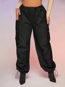 SHEIN SXY Flap Pocket Drawstring Waist Parachute Cargo Trousers - Black - View 1
