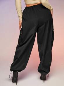 SHEIN SXY Flap Pocket Drawstring Waist Parachute Cargo Trousers - Black - View 2
