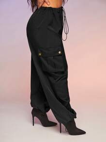 SHEIN SXY Flap Pocket Drawstring Waist Parachute Cargo Trousers - Black - View 3
