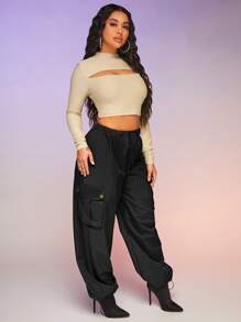 SHEIN SXY Flap Pocket Drawstring Waist Parachute Cargo Trousers - Black - View 4