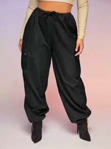 SHEIN SXY Flap Pocket Drawstring Waist Parachute Cargo Trousers - Black - View 5