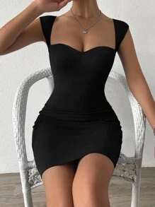 Firerie Sweetheart Neck Rib-knit Bodycon Dress - Black - View 1