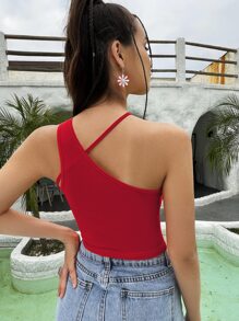 SHEIN EZwear Top ajustada de color rojo cereza con cuello asimétrico para el verano - Burdeos - Ver 2