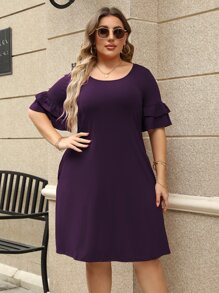 Vestido unicolor de manga con volante - Morado - Ver 2