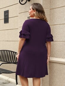 Vestido unicolor de manga con volante - Morado - Ver 3