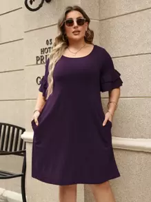 Vestido unicolor de manga con volante - Morado - Ver 1