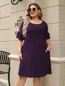 Vestido unicolor de manga con volante - Morado - Ver 4