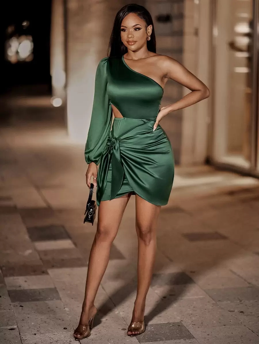 Zolique One Shoulder Cut Out Knot Front Satin Bodycon Dress - Dark Green - View 1