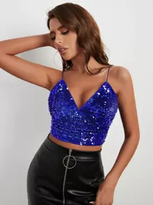SHEIN BAE 亮片吊帶短上衣 - 寶藍色 - 查看 1