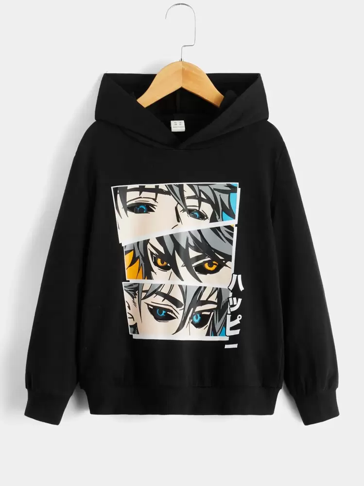 SHEIN Tween Boy Japanese Letter & Figure Graphic Sweatshirt - Black - View 1