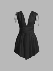 SHEIN MOD Solid Deep V Neck Knotted Shoulder Ruched Satin Dress - Black - View 2