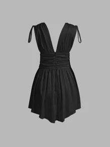 SHEIN MOD Solid Deep V Neck Knotted Shoulder Ruched Satin Dress - Black - View 7